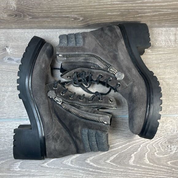 Moncler Viviane Dark Gray Suede Women’s Sz 8/EU 38 Double Zip Heeled Combat Boot - Picture 9 of 13